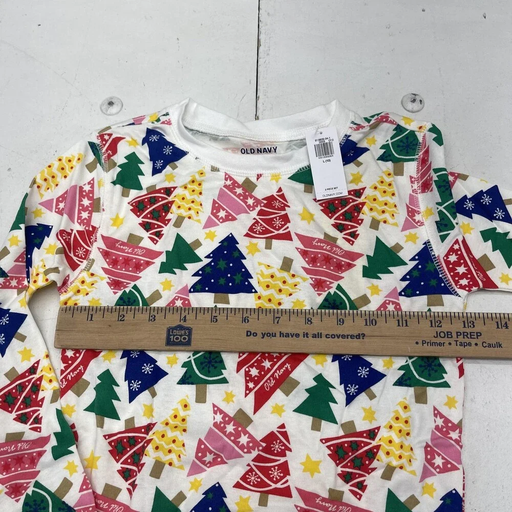 Old Navy Pajamas Set Youth Large 10 White Christmas Tree Print 2 Piece